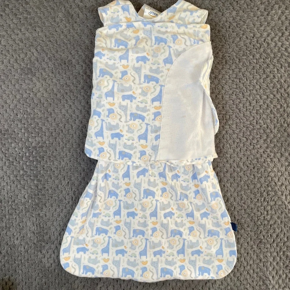 Halo SleepSack Swaddle 3-6M Sml Blue Unisex Safari Animal Elephant Giraffe Lion